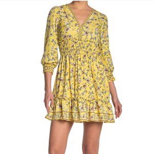 Max Studio Yellow Floral V-Neck Smocked Waist Dress